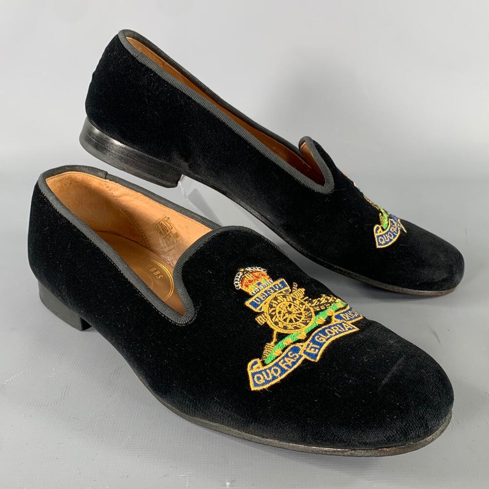 STUBBS & WOOTTON Size 9 Black Velvet Embroidered Loafer Flats